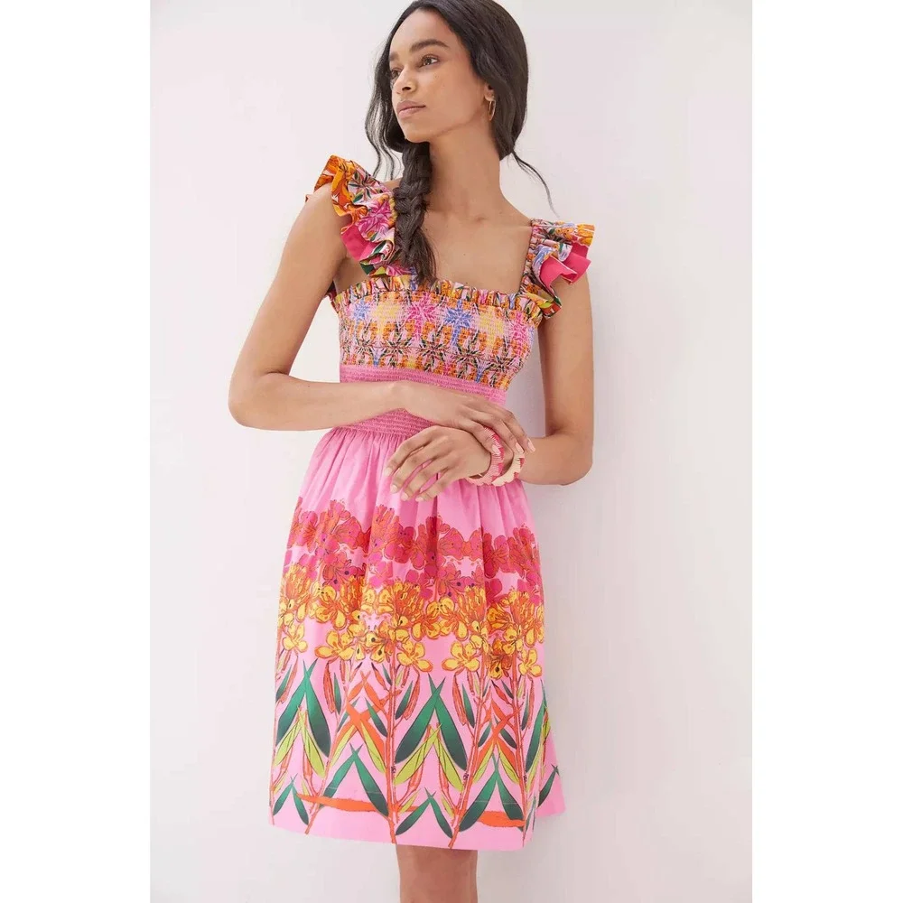 Anthropologie Roopa Pemmaraju Floral Smocked Dress Pink Ruffle Cotton Sundress M - Picture 3 of 11
